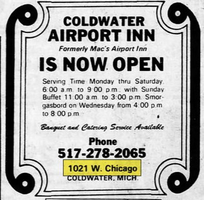 Coldwater Airport Inn - Mar 2 1977 Ad (newer photo)